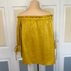 Sadie & Love Mustard Yellow Off the Shoulder Tie Sleeve Shimmer Top HT13172 M
